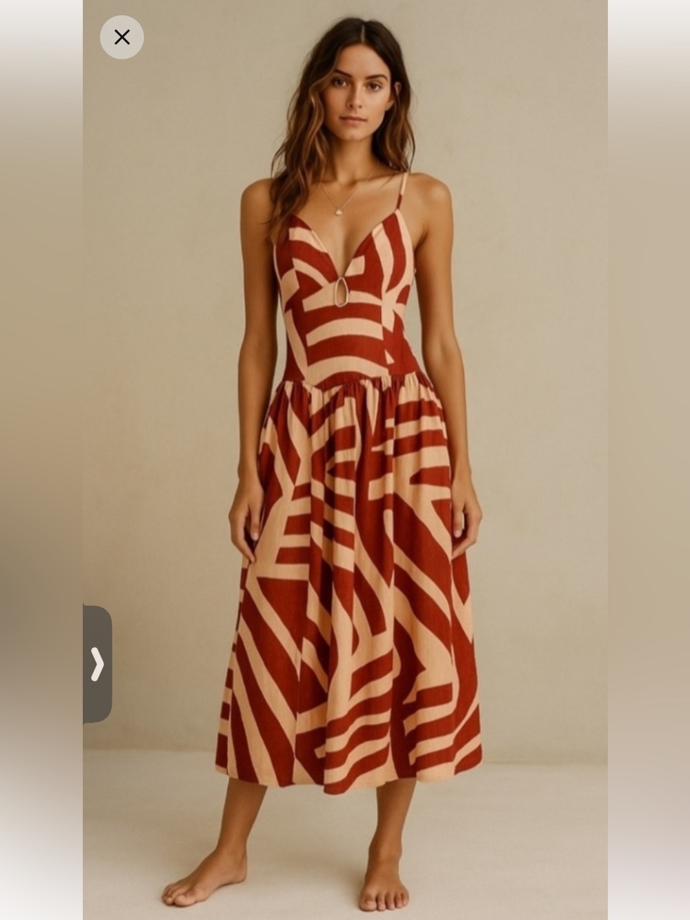 Rust & Cream Midi Dress with Spaghetti Straps and Ring Detail